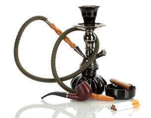 Smoking tools - a hookah, cigar, cigarette and pipe isolated