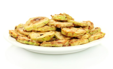 Fried zucchini in a white plate isolated on white