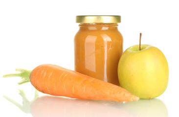 Jar with fruit and vegetable baby food isolated on white