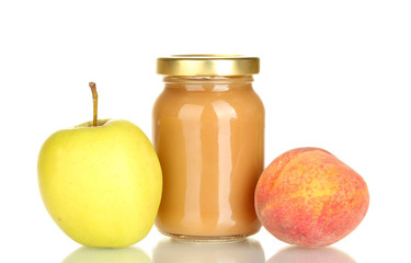 Jar with fruit baby food isolated on white