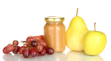 Jar with fruit baby food and fruits isolated on white