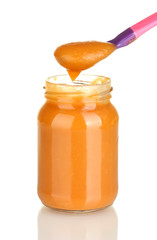 Jar with baby food and spoon on white background close-up