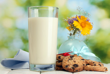 glass of milk, chocolate chips cookies with red ribbon and