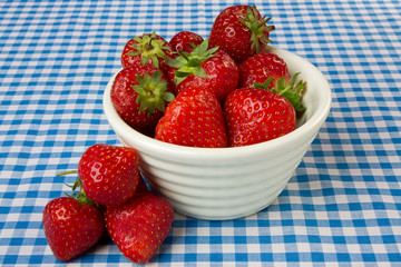 Bowl of Strawberries on a Blue Gingham Tablecloth