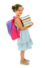 little girl with backpack and books, isolated over white backgr