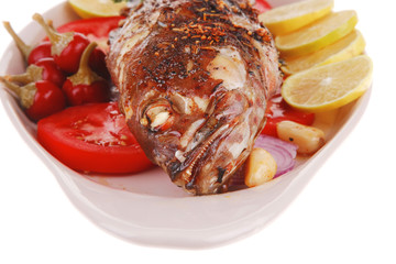served main course: whole fried seabass