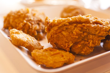 Fried chicken on white disk .