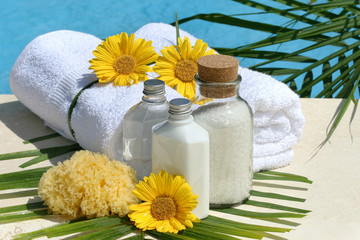 Spa products and towels by the pool