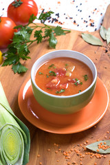 Bowl of soup with lentils and vegetables