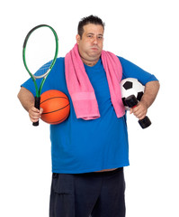 Fat man busy with many sports