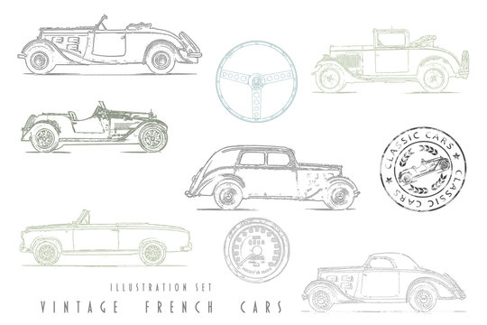 Set Illustrationen mit  Schwarz-weiß Grafiken von Autos