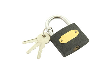 Old black padlock with key on white background.