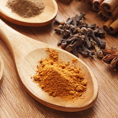 Herbs and Spices over wooden background