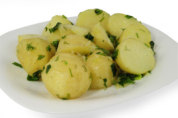 Boiled young potatoes stewed with sour cream and greenery