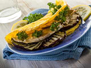 sandwich with chicken and grilled eggplant,healthy food
