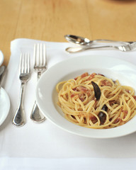 pasta with ham bacon and olive oil italian food