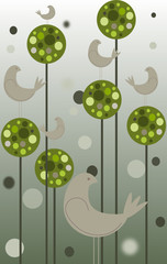 Green Puff Ball trees on tall trunks with perching birds