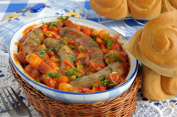 Home sausages with beans