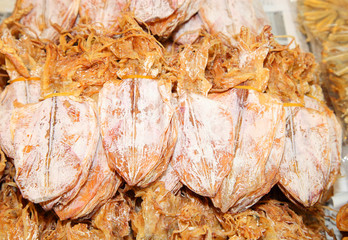 Dried squid ready for sale in the market, from Thailand.