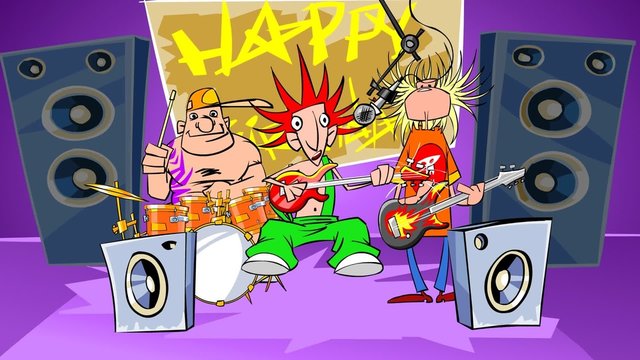 Rock band says happy birthday. Cartoon animation.