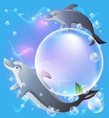 Rolgordijnen Paar dolfijnen zwemmen in het water met luchtbellen. © Marisha