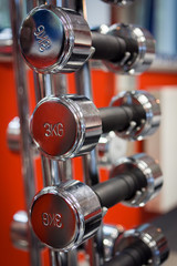 Naklejka premium Rack of dumbbells in health and fitness gym club