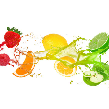 Colorful splash with fruit isolated on white