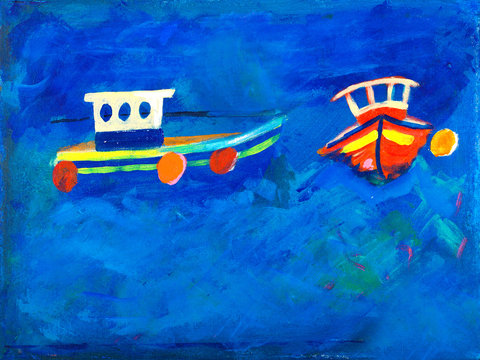 Two fishing boats at sea painting by Kay Gale