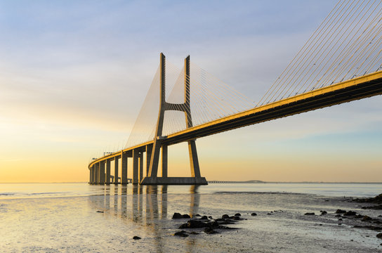Vasco da Gama bridge at sunrise, Lisbon