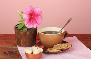 Coffee with sugar for breakfast on a bright colorful background