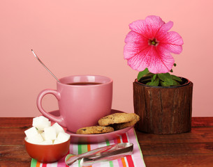 Coffee with sugar for breakfast on a bright colorful background