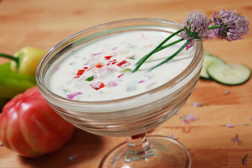 Close up white gazpacho soup