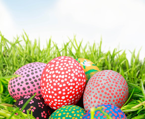 Easter eggs on green grass
