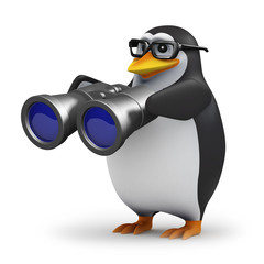 3d Penguin in glasses looks through binoculars