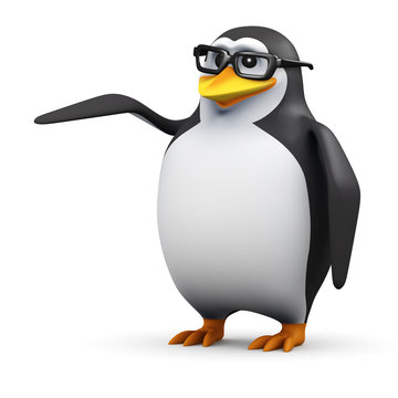 3d Penguin in glasses points to the side