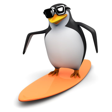 3d Penguin in glasses on surfboard