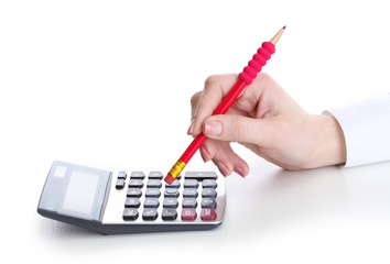 women hand and Calculator isolated on white