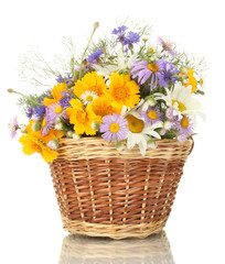 beautiful bouquet of bright  wildflowers in basket, isolated