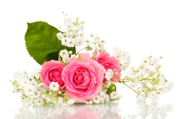 Pink roses in bouquet isolated on white