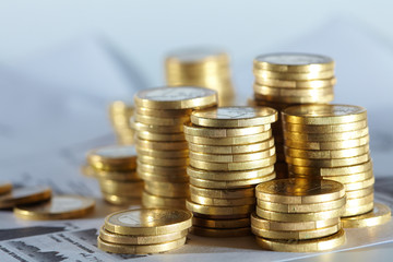 Business diagram on financial report with coins