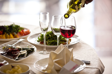 Glasses set with drinks in restaurant