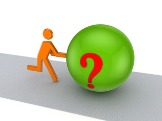 3d person pushing query mark symbol on a road.