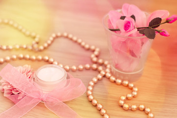 spa lotion and aromatherapy with bokeh overlay