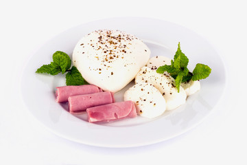 Mozzarella cheese and ham.