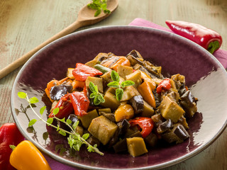 seitan stew with eggplant and pepper,vegetarian food