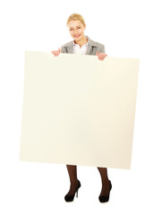 Young woman with blank board banner