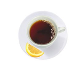 cup of tea with lemon slice isolated on white