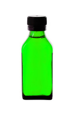 Close up of medicine bottle with green syrup isolated on white b
