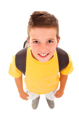 School boy with backpack, isolated on white