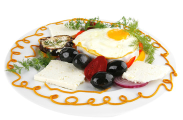 egg on white plate with vegetables
